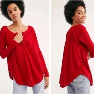 FREE PEOPLE Must Have Thermal Henley Top Cherry Red Sz M {3X19}